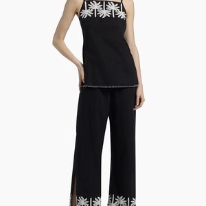 Johnny Was Black and White Embroidered Wide Leg Pants And Top Set